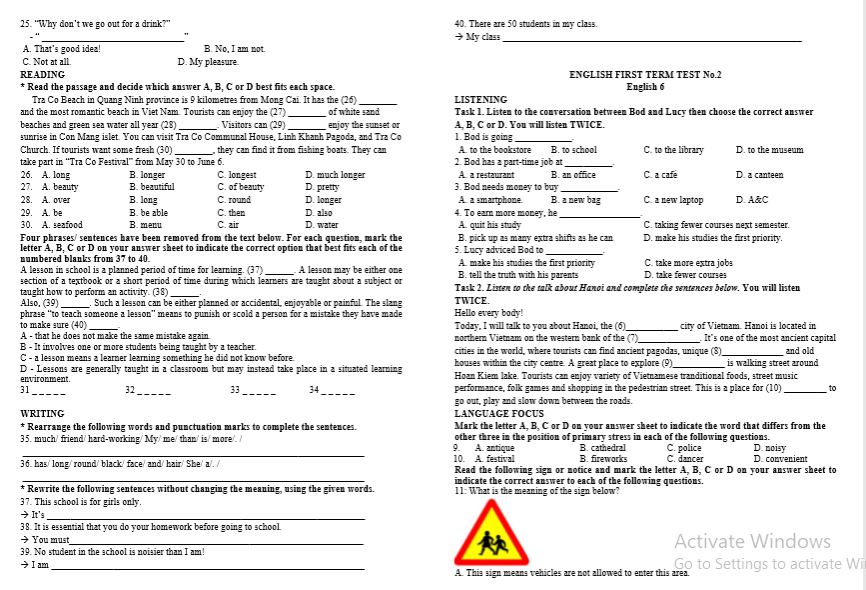Bộ đề ôn thi Học kì 1 – Tiếng Anh lớp 6 (Global Success)