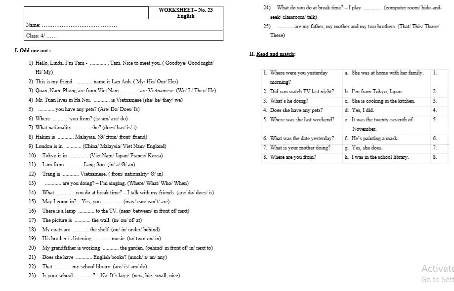 40 Phiếu Bài Tập Tiếng Anh Lớp 4