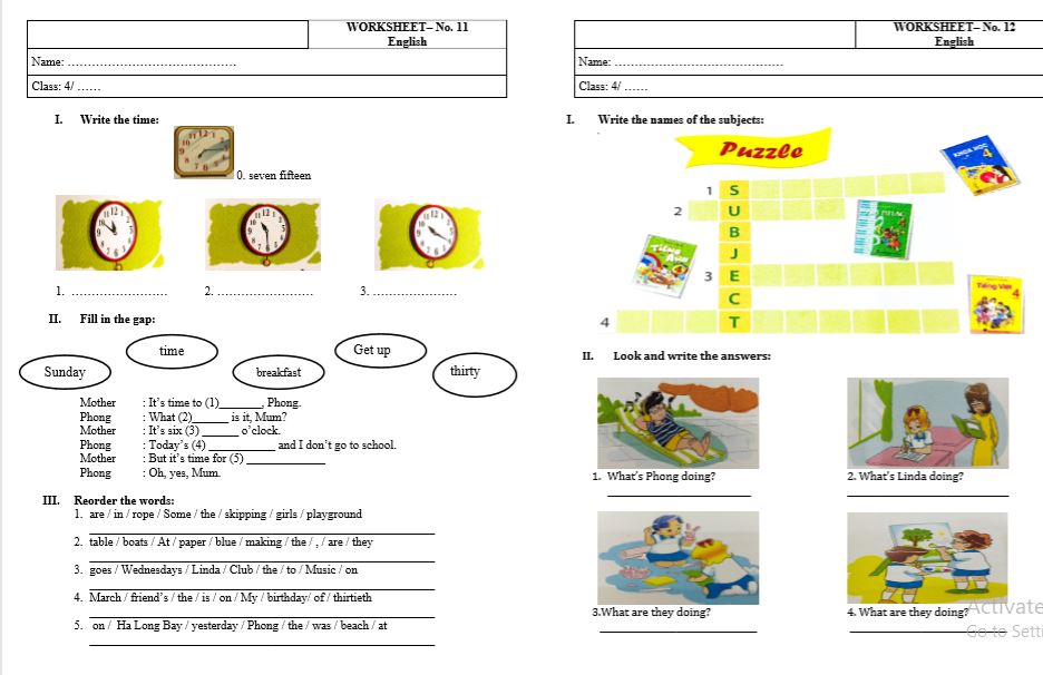 40 Phiếu Bài Tập Tiếng Anh Lớp 4