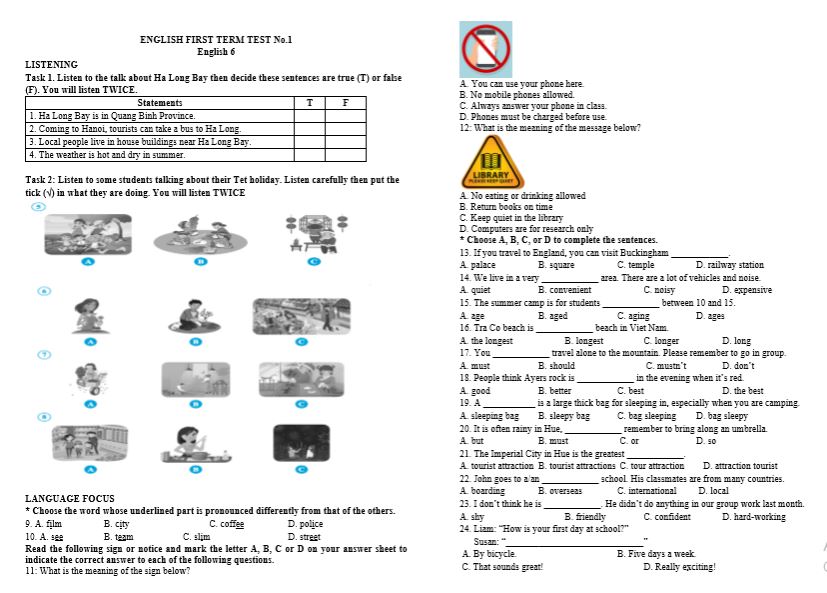 Bộ đề ôn thi Học kì 1 – Tiếng Anh lớp 6 (Global Success)