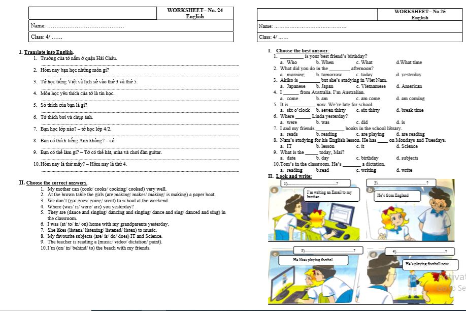 40 Phiếu Bài Tập Tiếng Anh Lớp 4