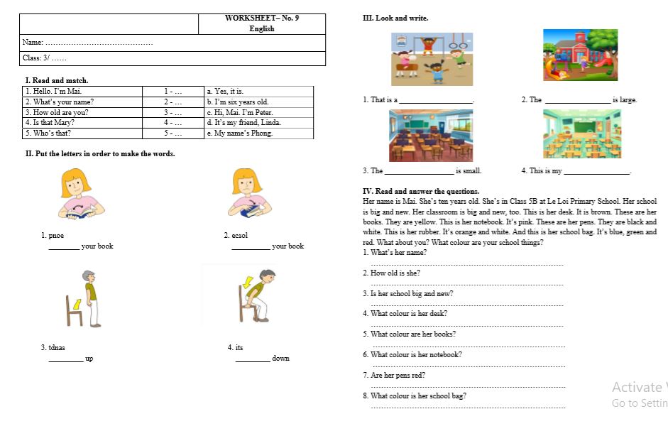 40 Phiếu Bài Tập Tiếng Anh Lớp 3